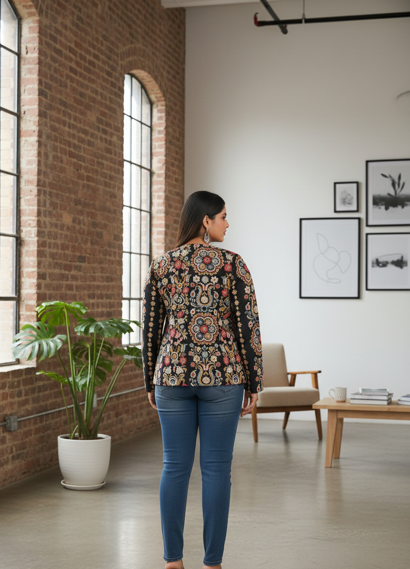 Naturalfab Black Multicolour Embroidered Ethnic Jacket for Women