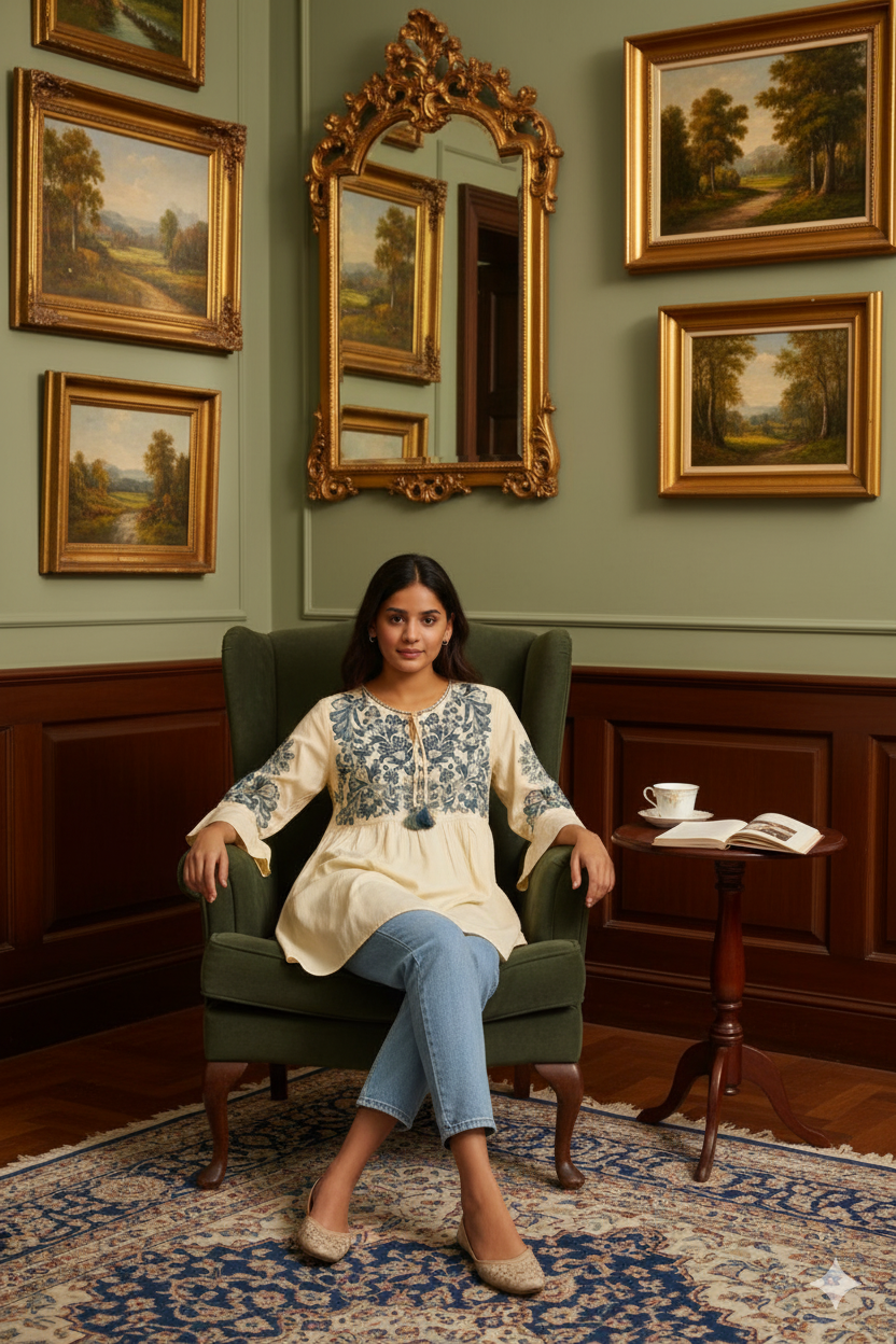 Cream Cotton Hand-Embroidered Boho Top for Women – Elegant Floral Tunic with Flared Sleeves