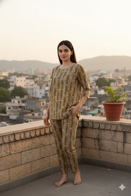 Brown Hand Block Printed Cotton Night Suit for Women – 2-Piece Sleepwear Set with Kurti & Pant