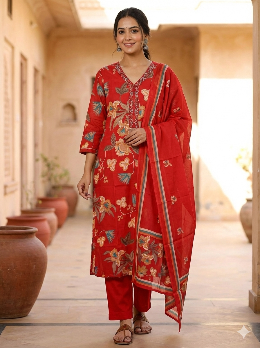 Women’s Red Floral Printed Cotton Kurti Pant Dupatta Set | Ethnic 3-Piece Suit for Festive & Everyday Wear