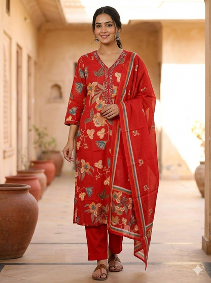 Women’s Red Floral Printed Cotton Kurti Pant Dupatta Set | Ethnic 3-Piece Suit for Festive & Everyday Wear