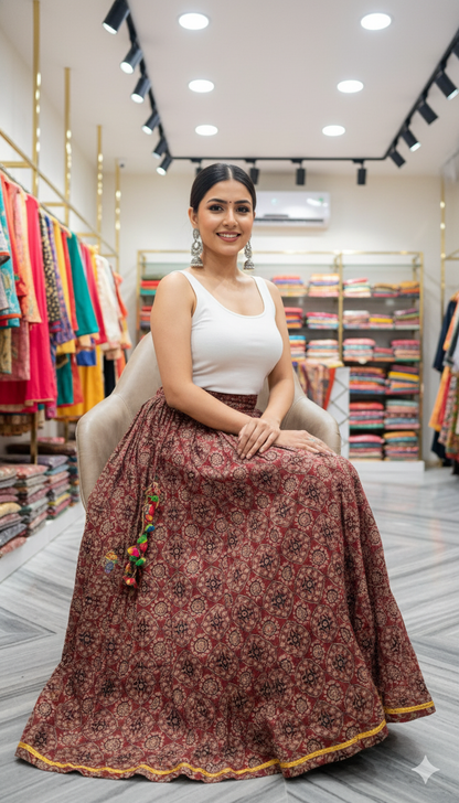 Maroon Handblock Printed Cotton Skirt for Women – Ethnic Long Flared Skirt with Golden Border and Tassel Detailing