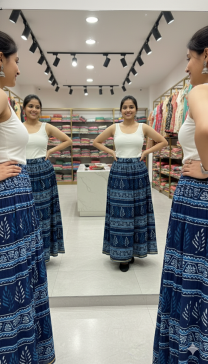 Indigo Blue Handblock Printed Cotton Skirt for Women – Long Flared Ethnic Skirt with Leaf Motifs and Golden Border