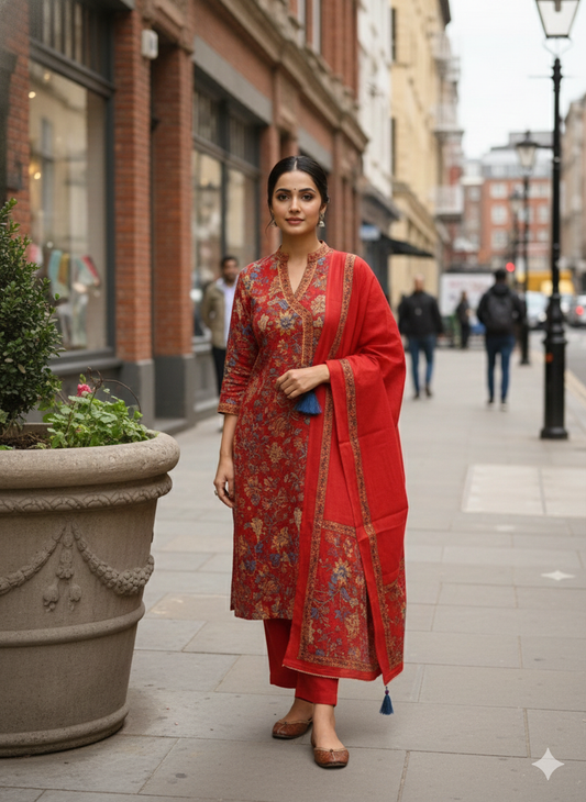 Women’s Red Cotton Printed Kurti Pant Dupatta Set | Traditional Floral Suit Set for Festive & Ethnic Wear