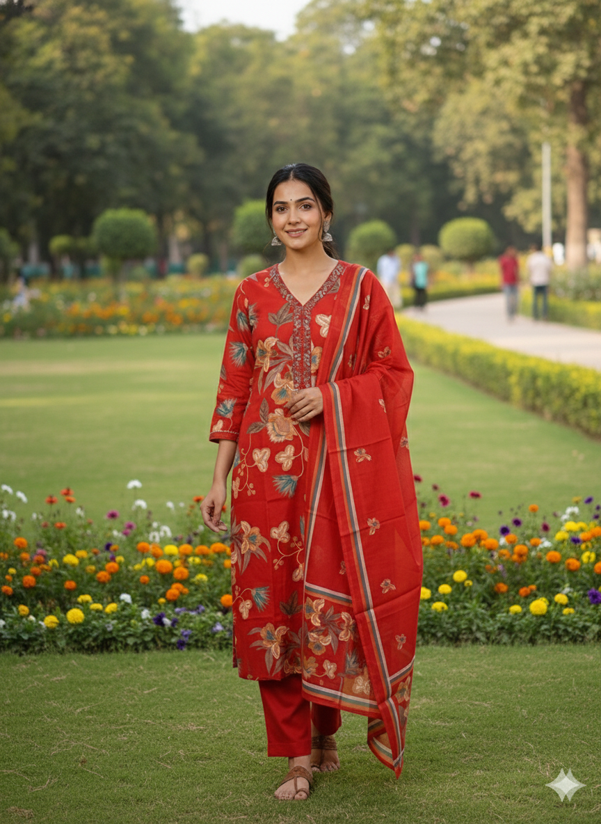 Women’s Red Floral Printed Cotton Kurti Pant Dupatta Set | Ethnic 3-Piece Suit for Festive & Everyday Wear