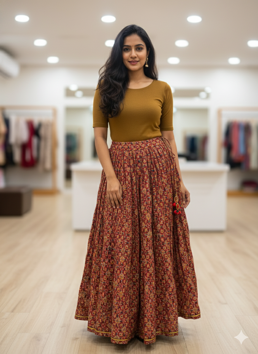 Rust Red Handblock Printed Cotton Skirt for Women – Ethnic Long Flared Skirt with Tassel Detailing by Natural Fab