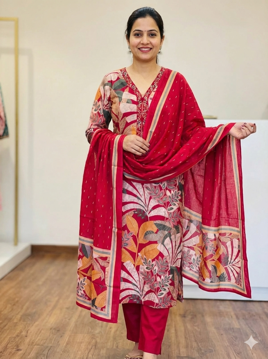 Women’s Red Maslin Printed Kurti Pant Dupatta Set | Premium Soft Maslin 3-Piece Suit for Festive & Elegant Wear