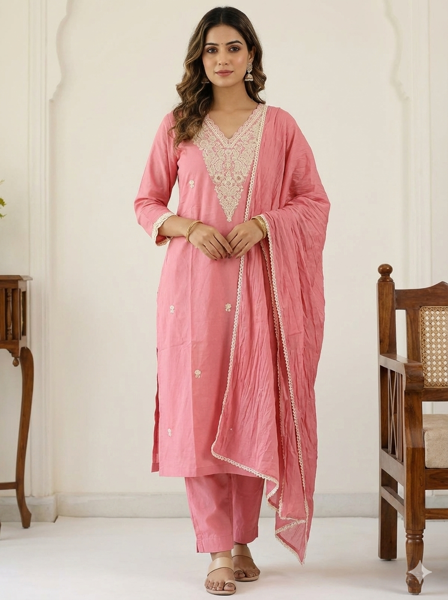 Women’s Pastel Pink Embroidered Kurti Pant Dupatta Set | Elegant Festive & Ethnic Wear Suit Set