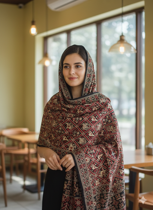 Black Ajrakh Gaji Silk Stole with Elephant Motifs | Handcrafted Block Print
