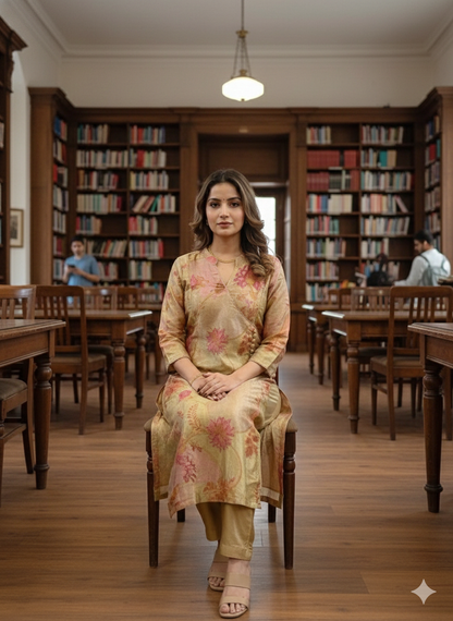 Women’s Golden Maslin Floral Printed Kurti Pant Set | Premium Festive & Party Wear Suit Set