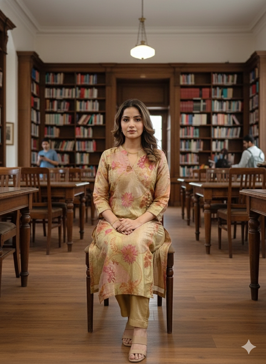 Women’s Golden Maslin Floral Printed Kurti Pant Set | Premium Festive & Party Wear Suit Set