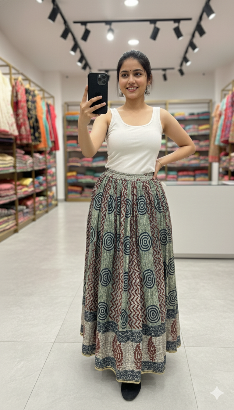 Green and Maroon Handblock Printed Cotton Skirt for Women – Long Flared Ethnic Skirt with Tribal Motifs and Golden Border