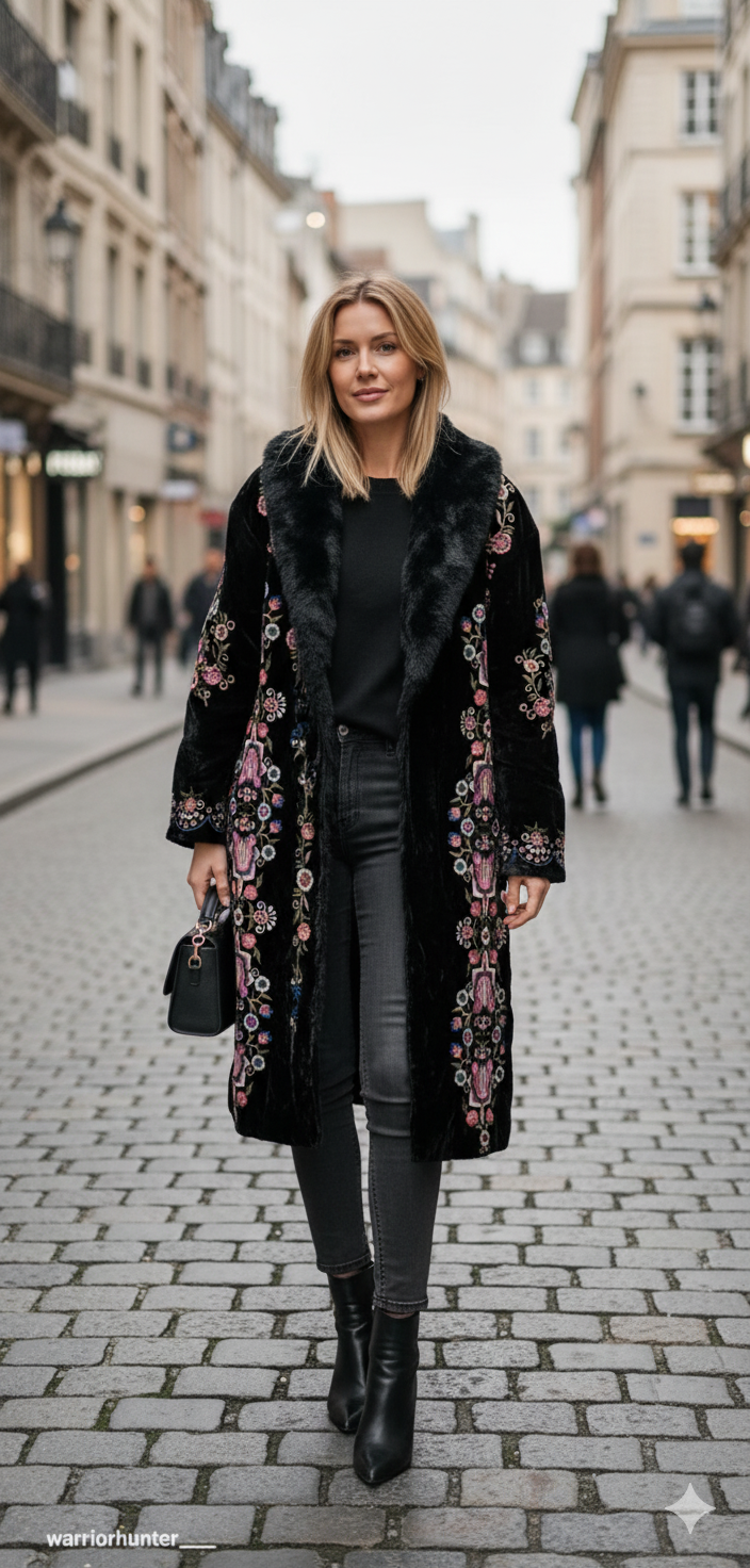 Black Velvet Embroidered Long Jacket for Women – Winter Floral Coat with Belted Waist and Faux Fur Collar
