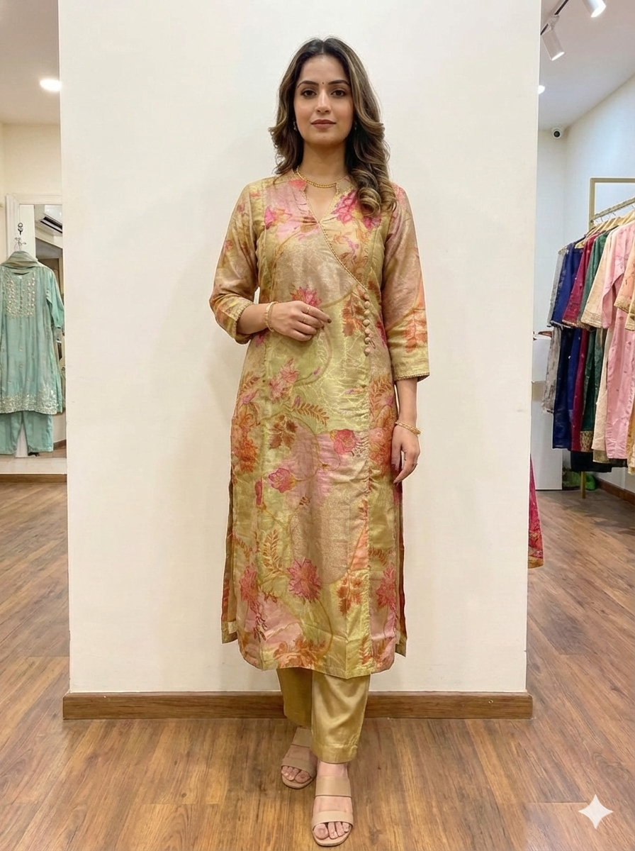 Women’s Golden Maslin Floral Printed Kurti Pant Set | Premium Festive & Party Wear Suit Set