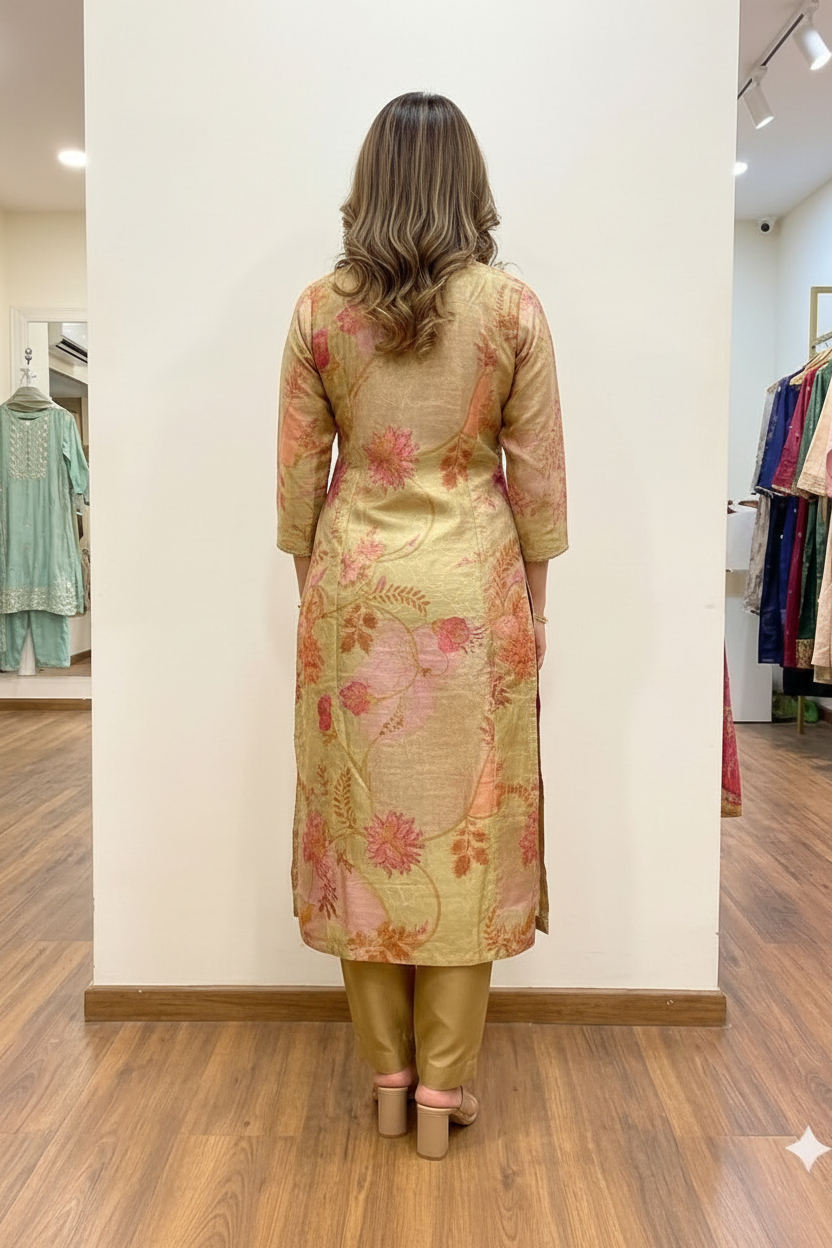 Women’s Golden Maslin Floral Printed Kurti Pant Set | Premium Festive & Party Wear Suit Set