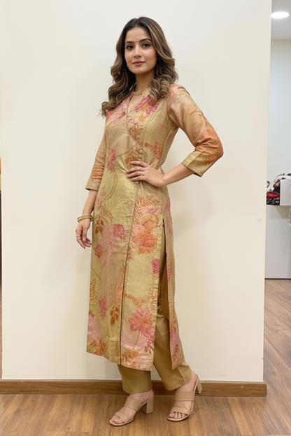 Women’s Golden Maslin Floral Printed Kurti Pant Set | Premium Festive & Party Wear Suit Set