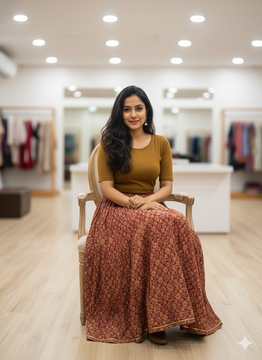 Rust Red Handblock Printed Cotton Skirt for Women – Ethnic Long Flared Skirt with Tassel Detailing by Natural Fab