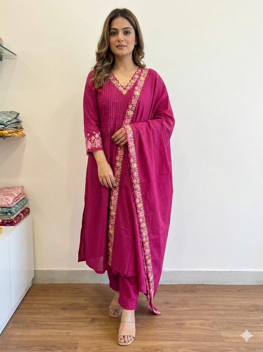 Women’s Pink Embroidered Kurti Pant Dupatta Set | Festive & Party Wear 3-Piece Suit Set