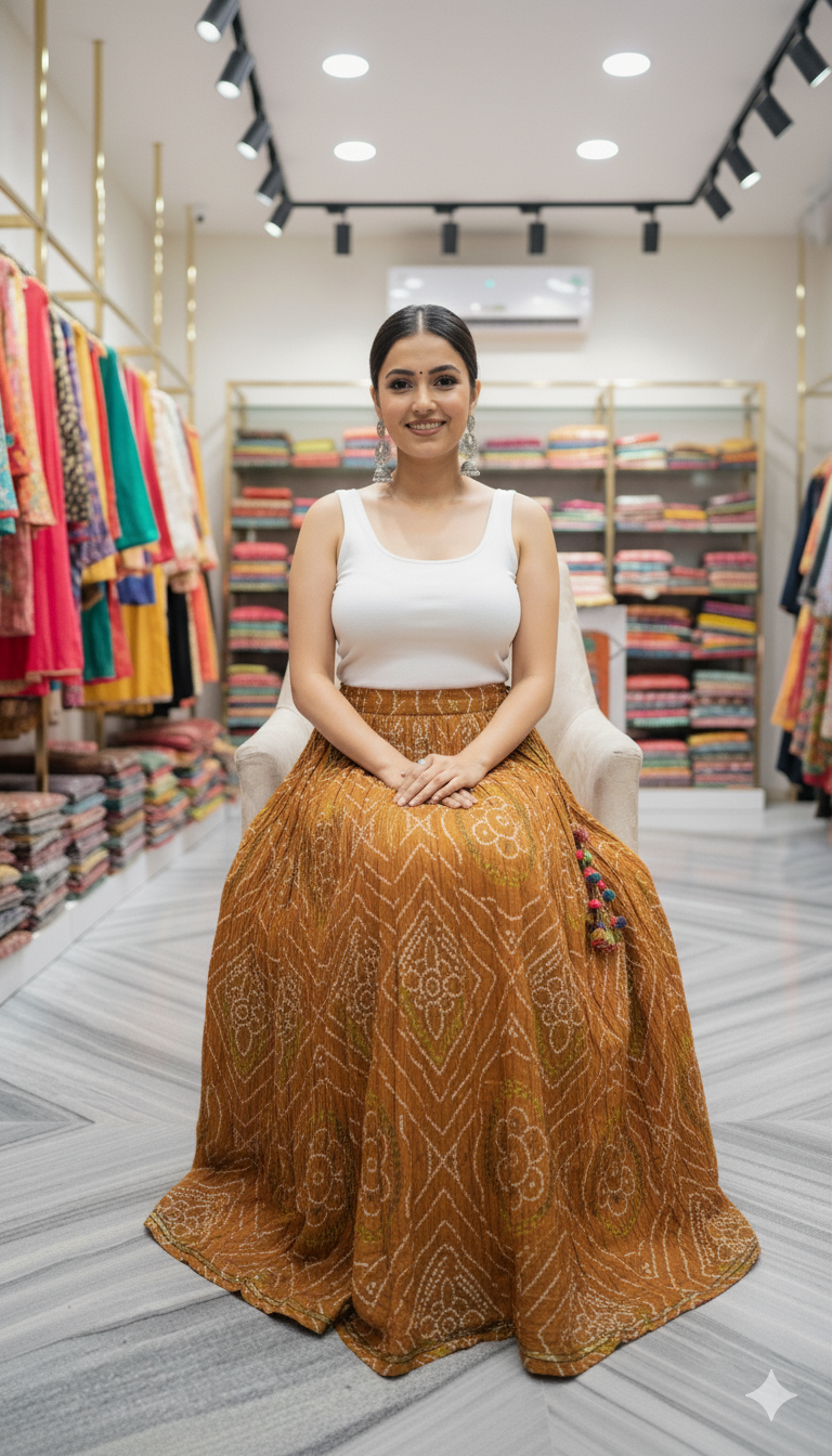 Rust Brown Bandhani Handblock Printed Cotton Skirt for Women – Long Flared Ethnic Skirt with Tassel Detailing
