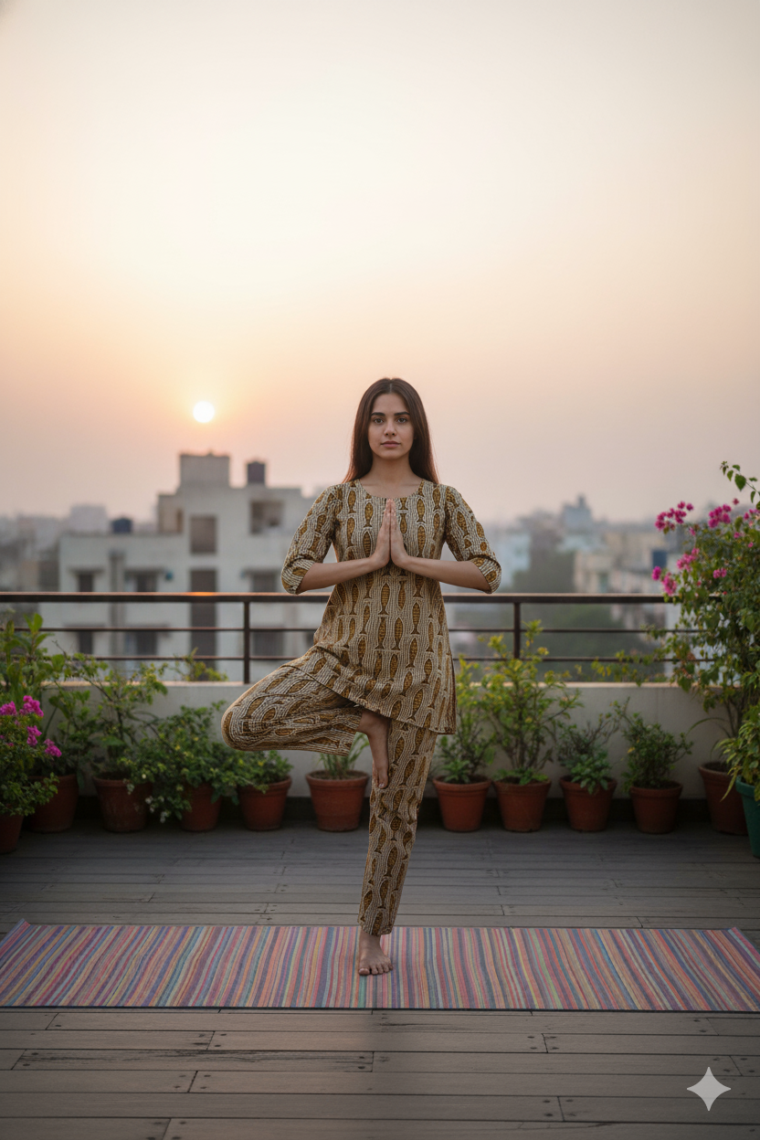 Brown Hand Block Printed Cotton Night Suit for Women – 2-Piece Sleepwear Set with Kurti & Pant