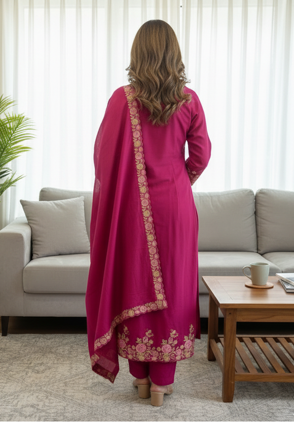 Women’s Pink Embroidered Kurti Pant Dupatta Set | Festive & Party Wear 3-Piece Suit Set