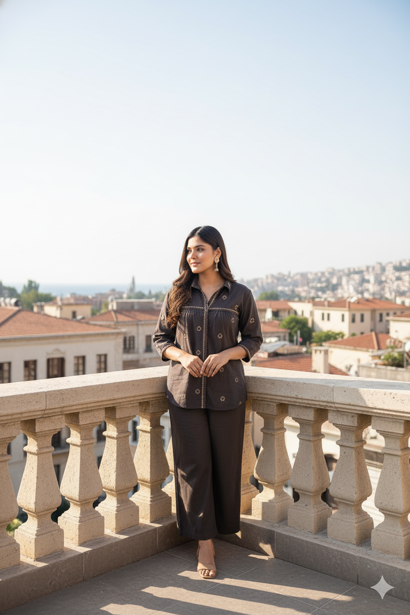 Brown Cotton Embroidered Co-ord Set for Women – Elegant Two-Piece Indo-Western Outfit