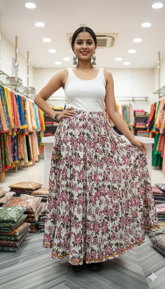 White Floral Handblock Printed Cotton Skirt for Women – Long Flared Ethnic Skirt with Pink Rose Prints and Tassel Detailing