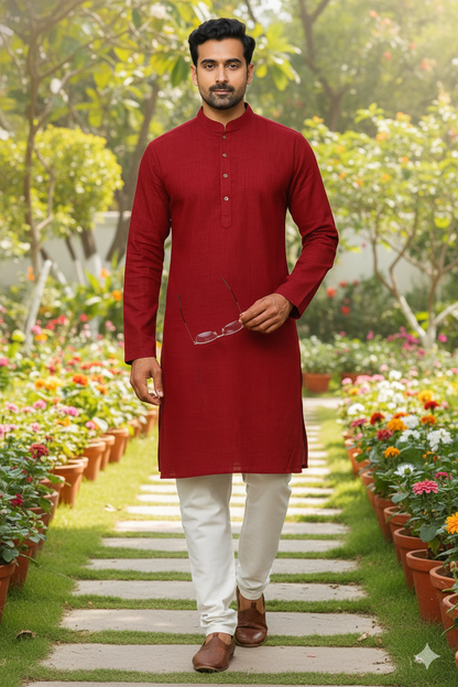 Men’s Long Cotton Kurta in Solid Maroon – Traditional Ethnic Wear for Festive & Casual Occasions