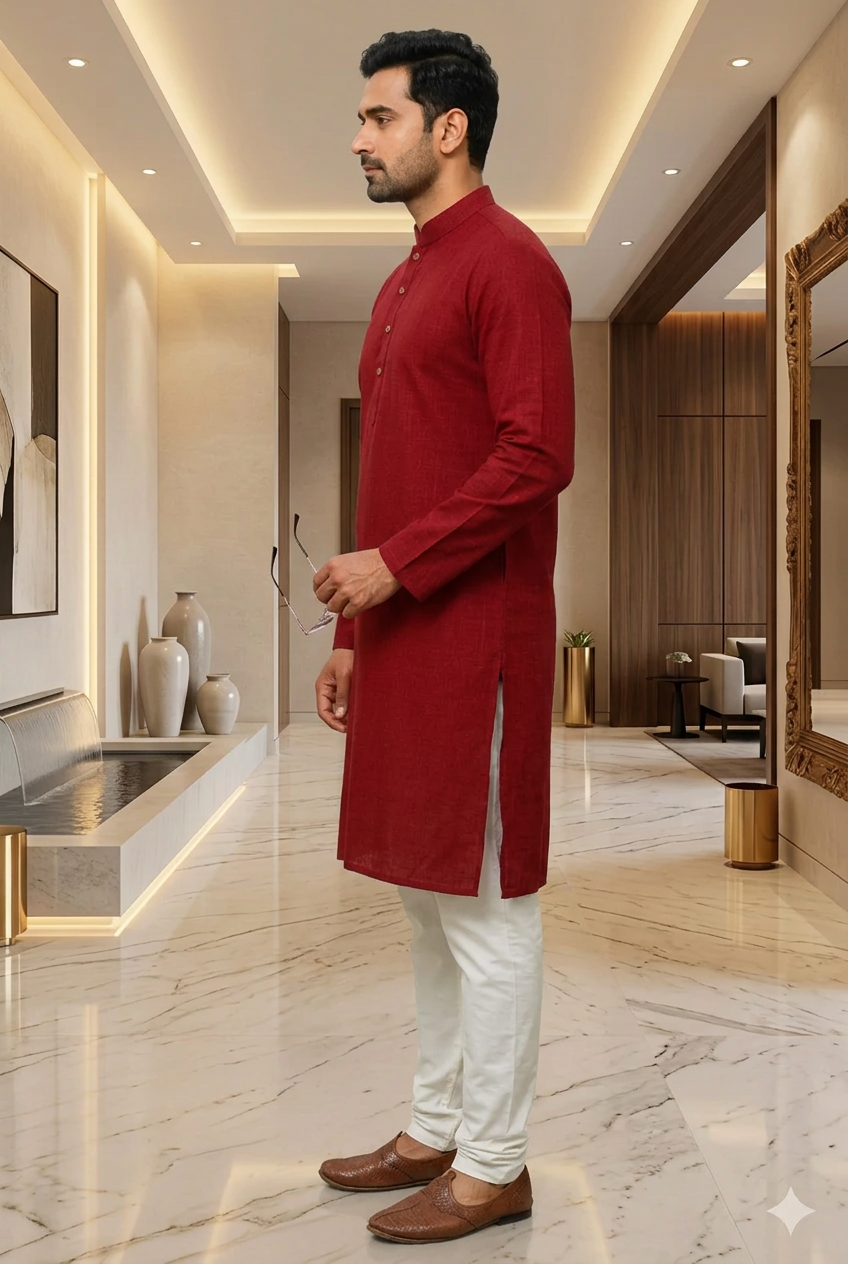 Men’s Long Cotton Kurta in Solid Maroon – Traditional Ethnic Wear for Festive & Casual Occasions