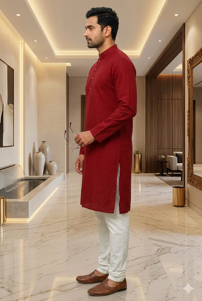 Men’s Long Cotton Kurta in Solid Maroon – Traditional Ethnic Wear for Festive & Casual Occasions