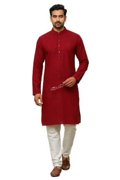 Men’s Long Cotton Kurta in Solid Maroon – Traditional Ethnic Wear for Festive & Casual Occasions