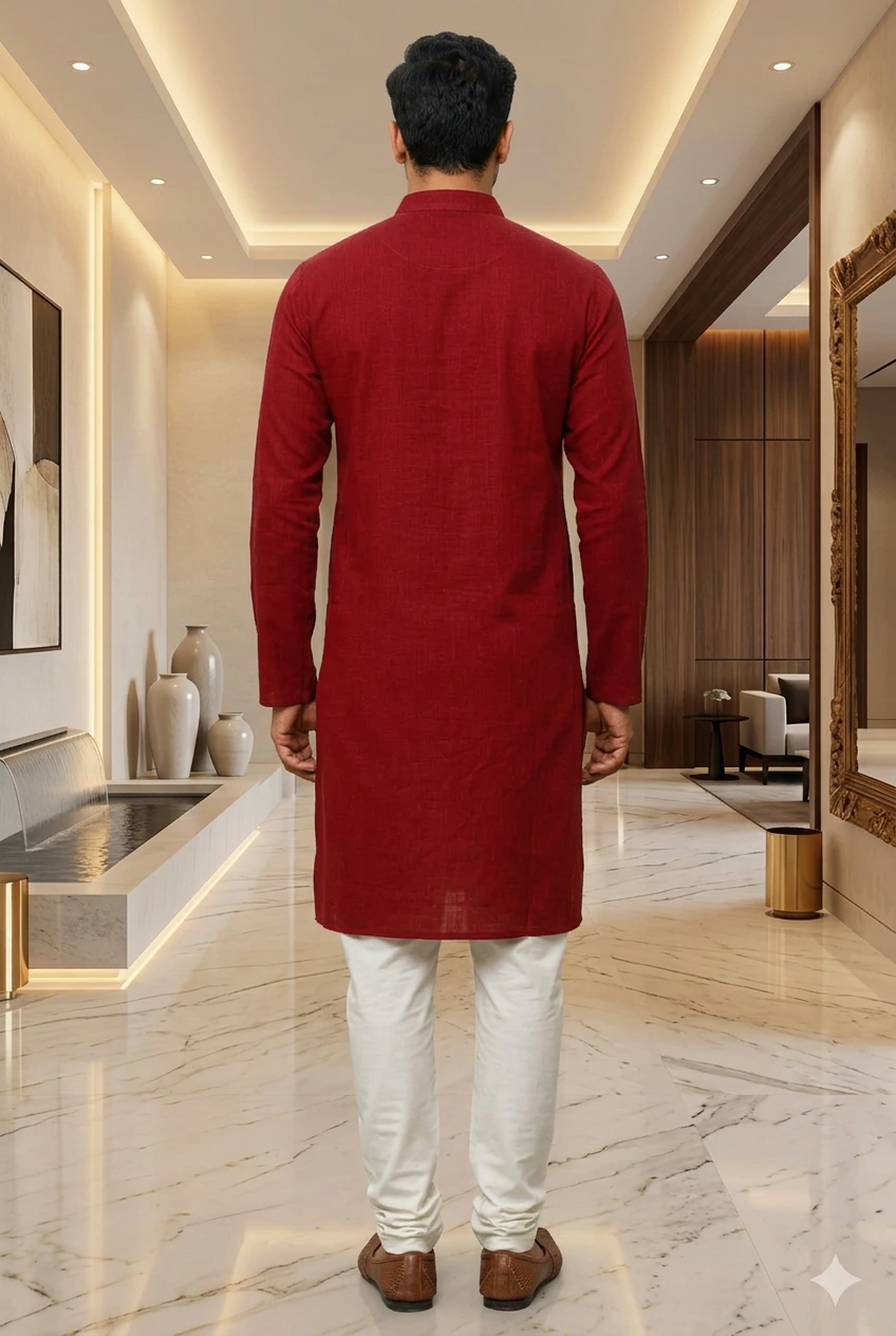 Men’s Long Cotton Kurta in Solid Maroon – Traditional Ethnic Wear for Festive & Casual Occasions