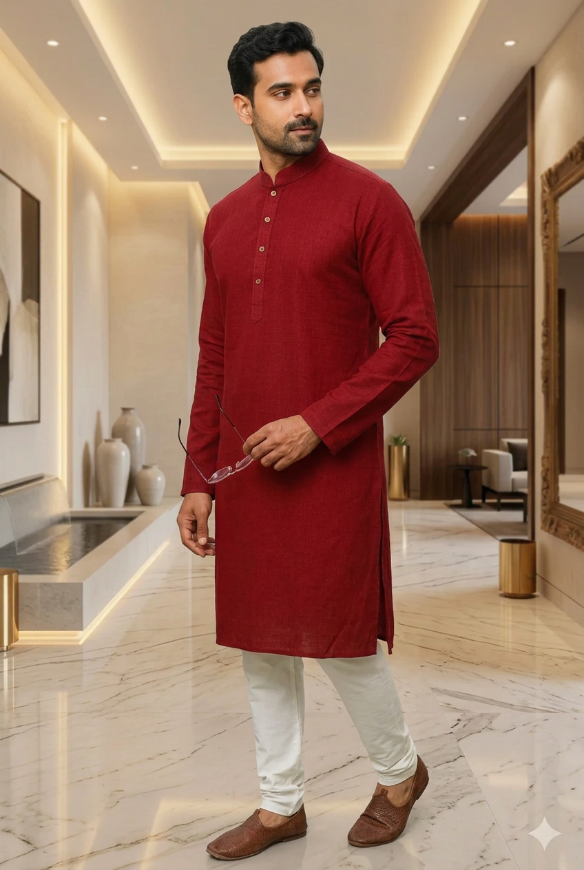Men’s Long Cotton Kurta in Solid Maroon – Traditional Ethnic Wear for Festive & Casual Occasions