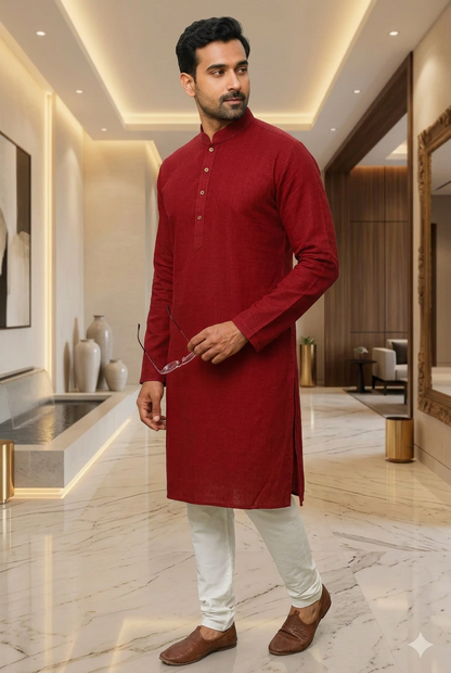 Men’s Long Cotton Kurta in Solid Maroon – Traditional Ethnic Wear for Festive & Casual Occasions