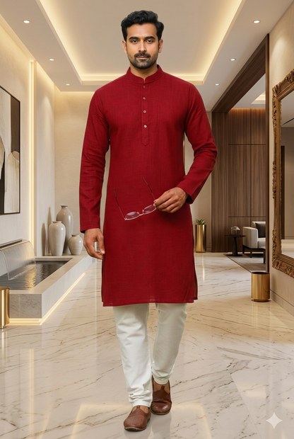 Men’s Long Cotton Kurta in Solid Maroon – Traditional Ethnic Wear for Festive & Casual Occasions