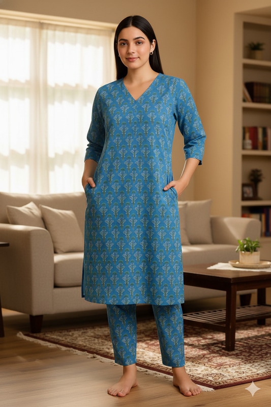 Every Day Blue Cotton Kurta Pant Set for Women – Handblock Printed Daily Wear Outfit