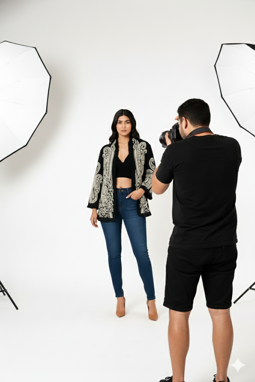 Black Embroidered Open Front Jacket for Women – Elegant Boho Chic Layer | Natural Fab