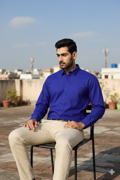 Men’s Royal Blue Cotton Shirt | Premium Solid Formal Shirt for Office & Casual Wear | Natural Fab