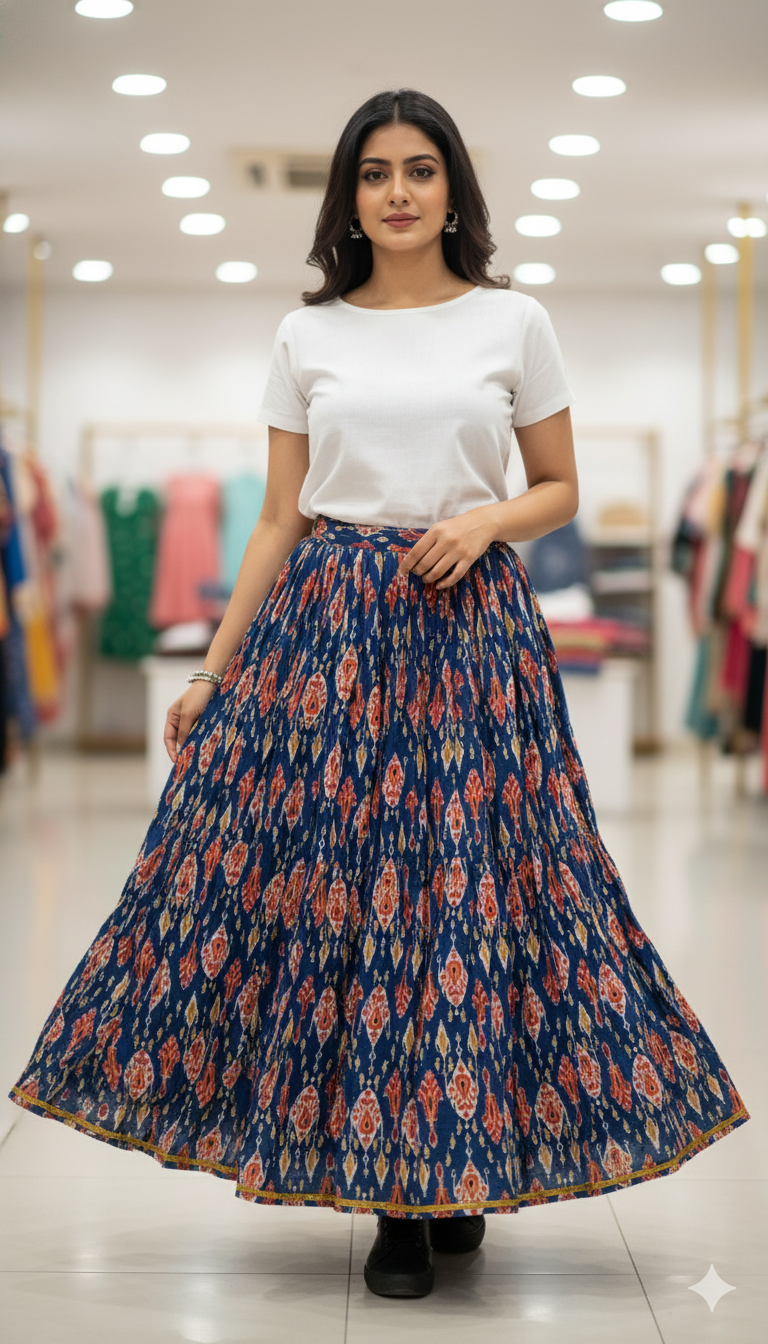 Blue Handblock Printed Cotton Long Skirt for Women – Traditional Flared Ethnic Skirt with Ikat Motifs