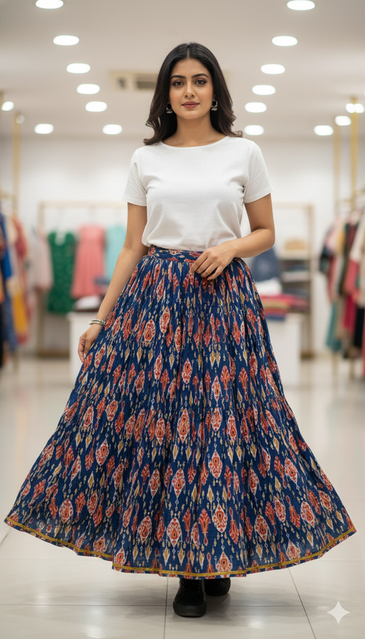 Blue Handblock Printed Cotton Long Skirt for Women – Traditional Flared Ethnic Skirt with Ikat Motifs
