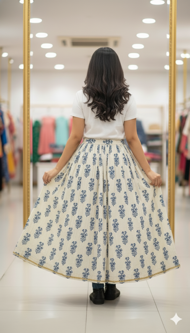 Off-White Handblock Printed Cotton Skirt for Women – Flared Long Skirt with Blue Floral Prints and Golden Border
