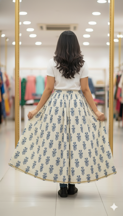 Off-White Handblock Printed Cotton Skirt for Women – Flared Long Skirt with Blue Floral Prints and Golden Border