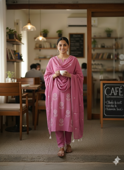 Women’s Pink Cotton Embroidered Kurti Pant Dupatta Set | Soft Summer Ethnic Suit Set