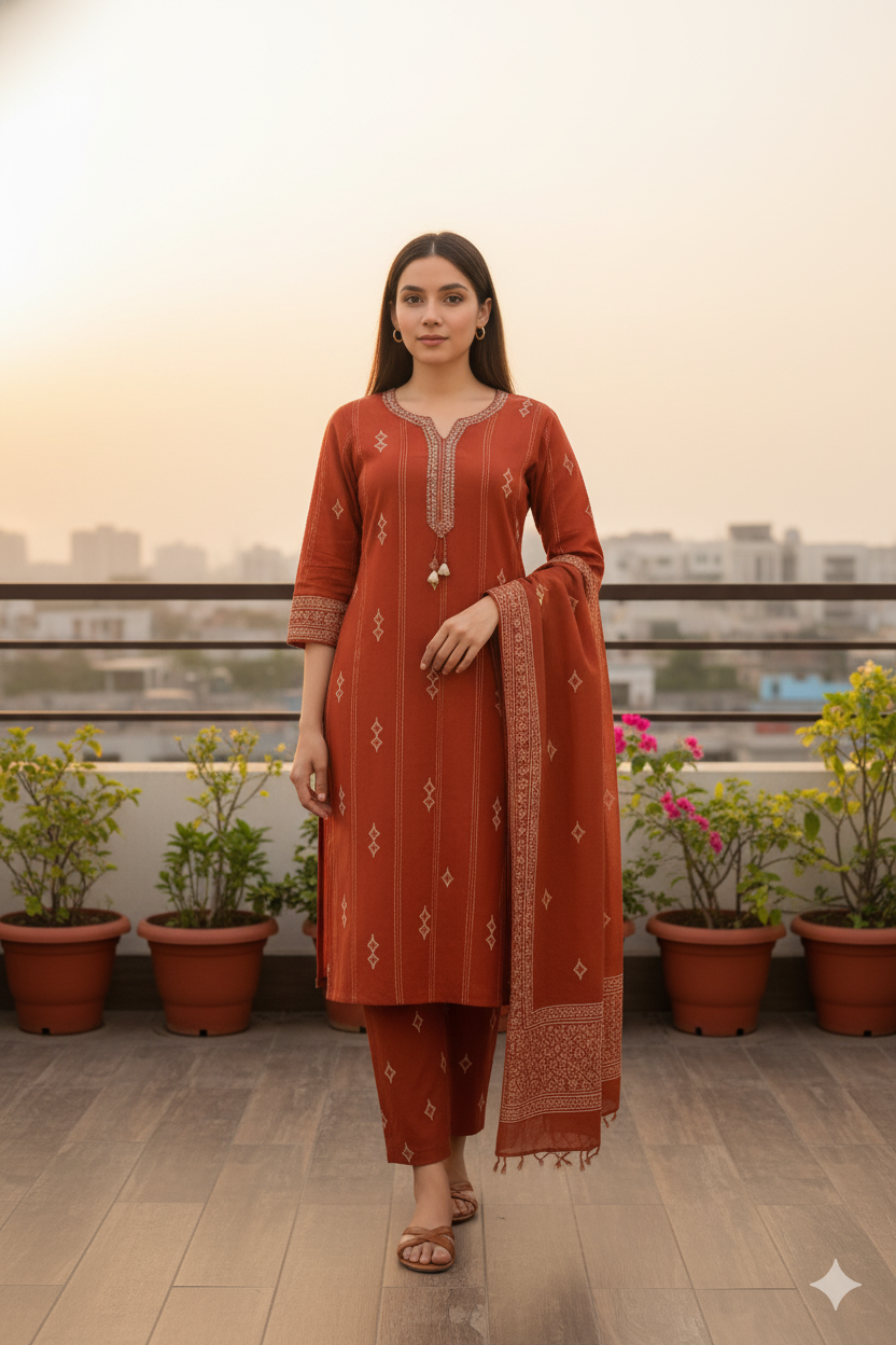 Rust Handblock Printed Cotton Kurti Set for Women with Dupatta – Elegant Ethnic 3-Piece Set