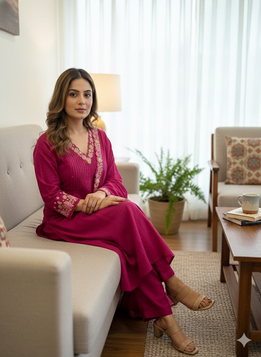 Women’s Pink Embroidered Kurti Pant Dupatta Set | Festive & Party Wear 3-Piece Suit Set