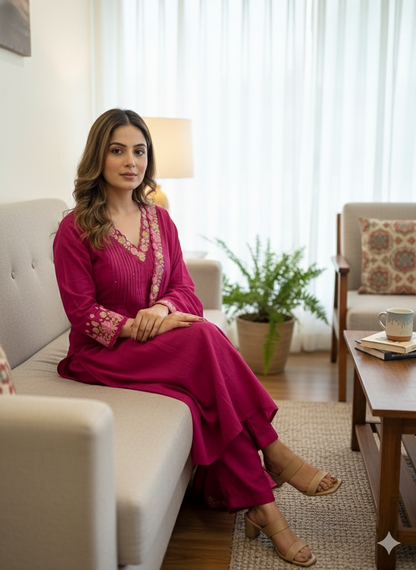 Women’s Pink Embroidered Kurti Pant Dupatta Set | Festive & Party Wear 3-Piece Suit Set