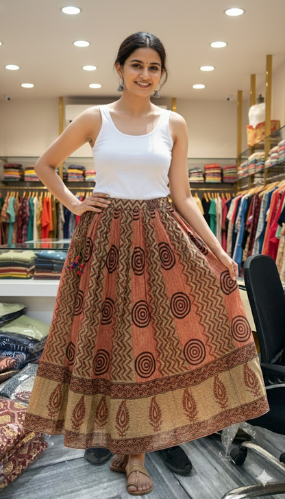 Rust Brown Handblock Printed Cotton Skirt for Women – Ethnic Long Flared Skirt with Tribal Motifs and Golden Border