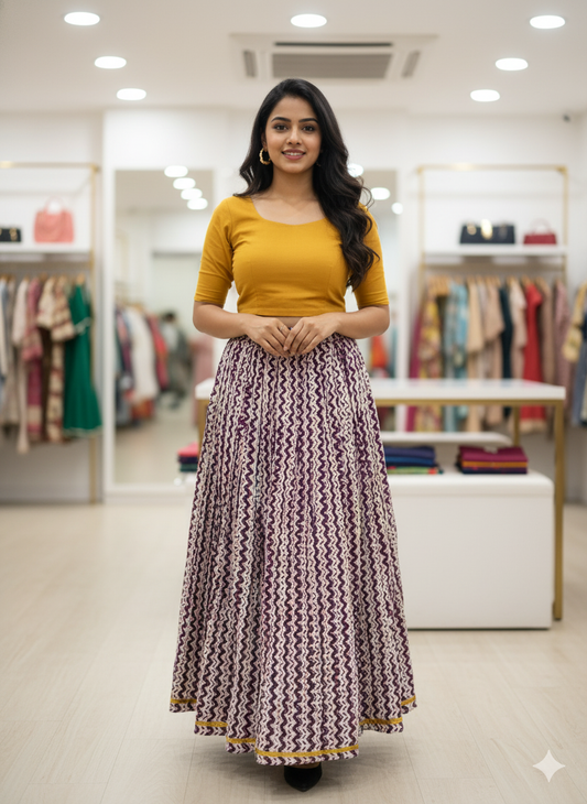 Purple Zigzag Handblock Printed Cotton Long Skirt for Women – Flared Ethnic Boho Skirt with Golden Border