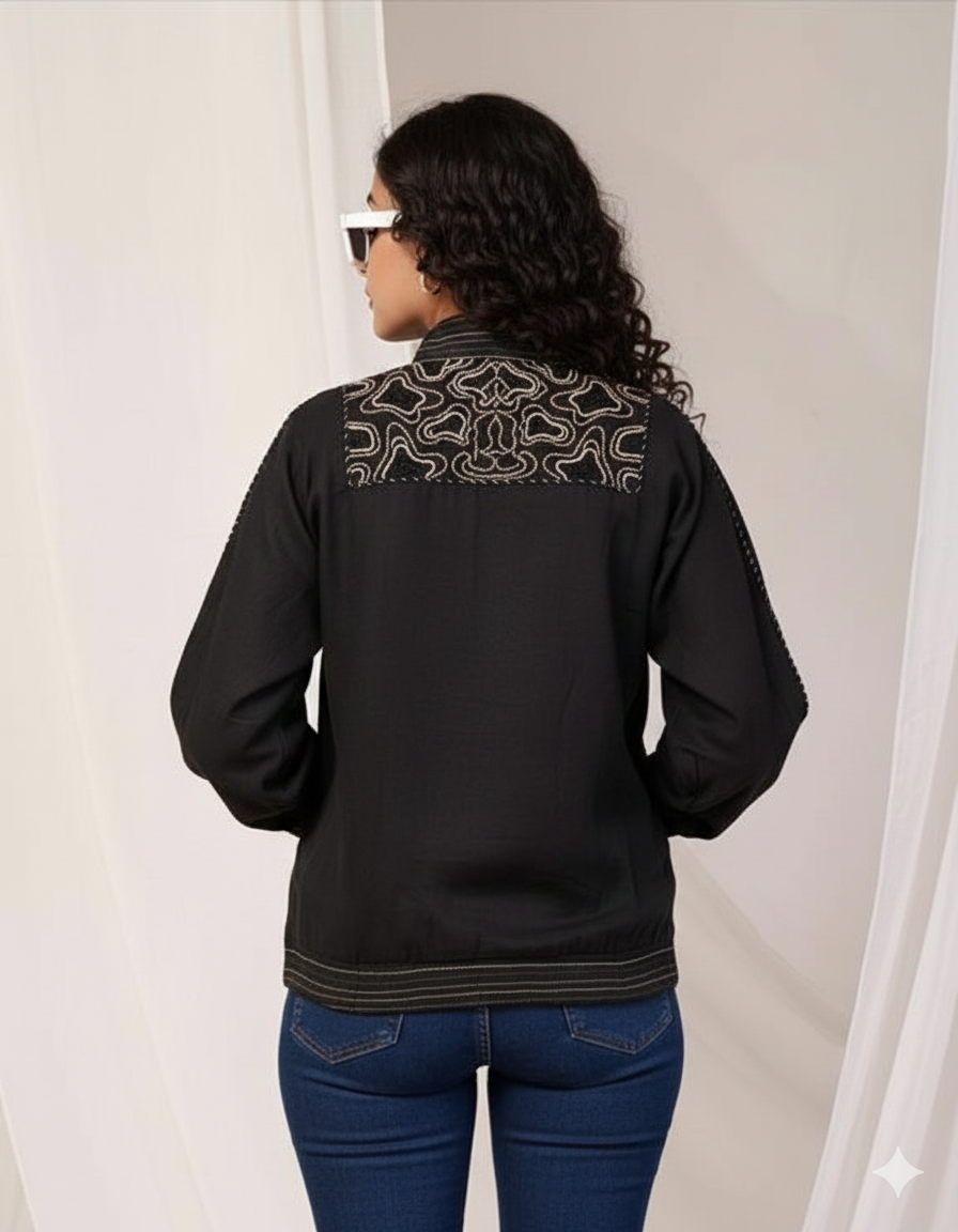 Naturalfab Black Hand-Embroidered Zip-Up Casual Jacket for Women