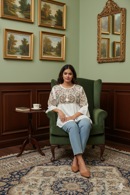 regenerate this image this women stand and give models like pose look aesthtics  at home and walls colours like old money   give full body image and dont change women and clothes design give as well as same 